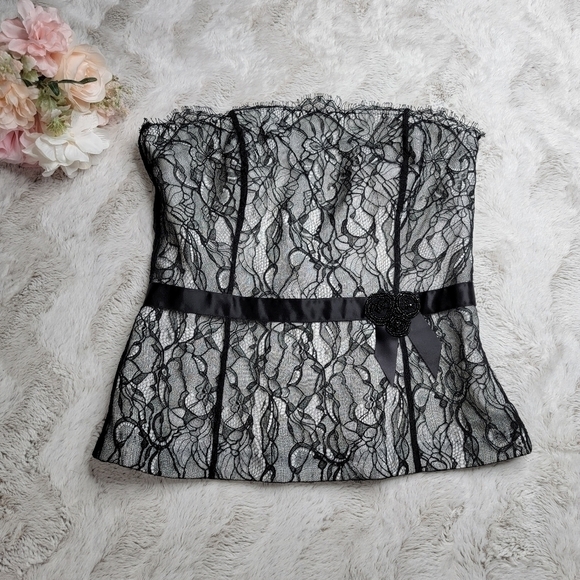 Ann Taylor Black Lace Overlay Ribbon Accent Strapless Bustier Top NWT Size 8 - Picture 1 of 13